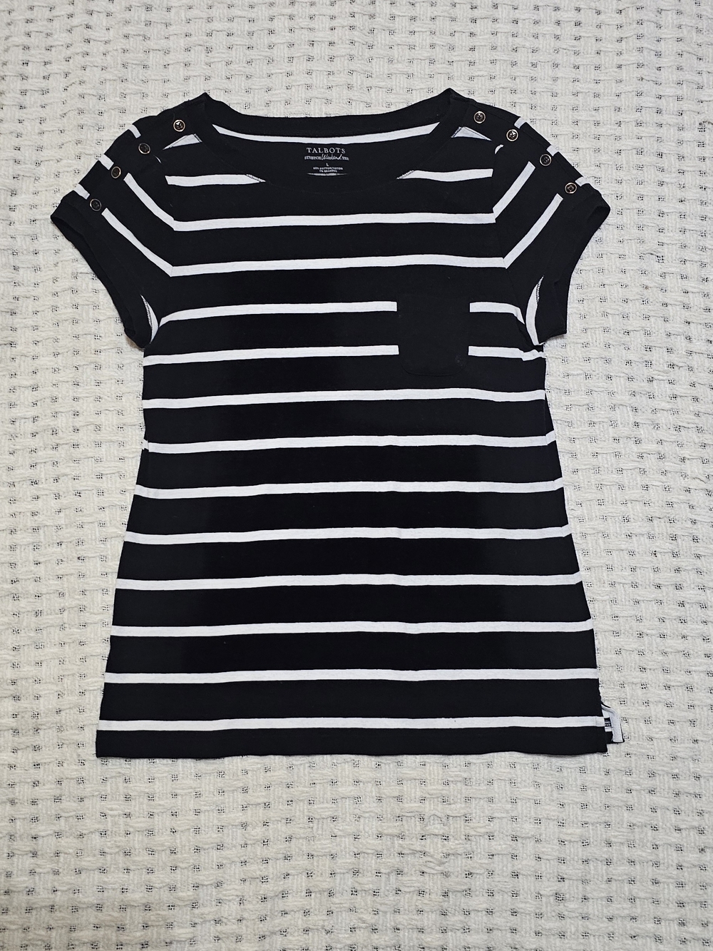 Talbots Black & White Striped Capped Sleeve Tee With Gold Grommets Sz Lg